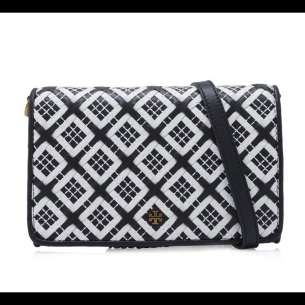 NWT Tory Burch Robinson Woven White & Black Leather Combo Purse Handbag - Picture 9 of 10